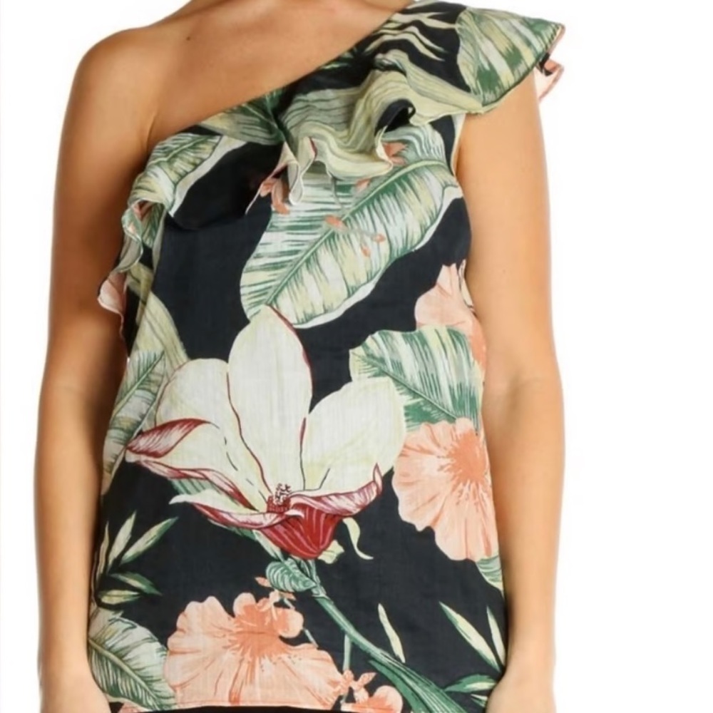 Ann Taylor Sz XL Blue Tropical Floral Ramie Cotton Ruffle One Shoulder Top NWT